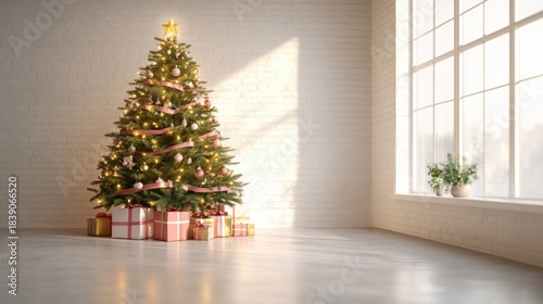 Christmas tree with white snowdrift,snowflakes,snow land,podium with bauble,Christmas theme stage podium mock up for product placement,Happy New Year. Celebrate party,Xmas Poster,web banner,festive.