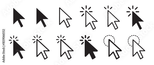 Mouse cursor arrow icons. Solid and outline click pointer set.
