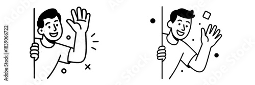 Friendly gestures of a smiling man waving from behind a curtain