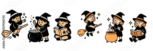 Charming witches engaged in magical activities during Halloween