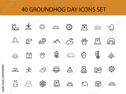 40 Groundhog Day Icons Set With Animals And Weather icon set winter