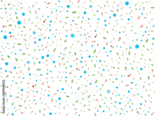 Seamless Vector Pattern with Scattered Tiny Green Leaves, Red Confetti, and Blue Dots