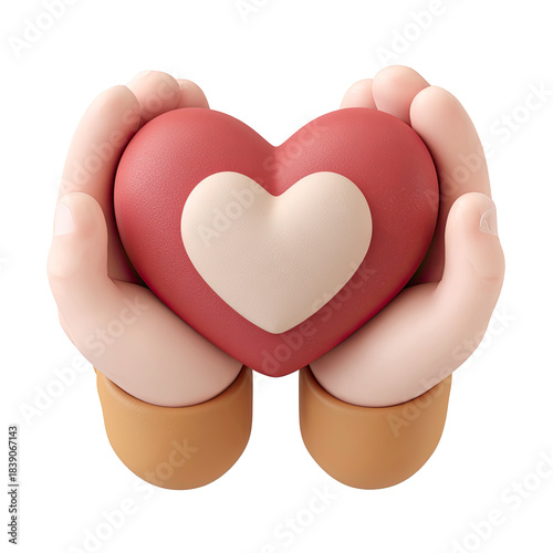 3D hands gently holding a red heart with a white inner heart symbolizing care isolated on transparent background