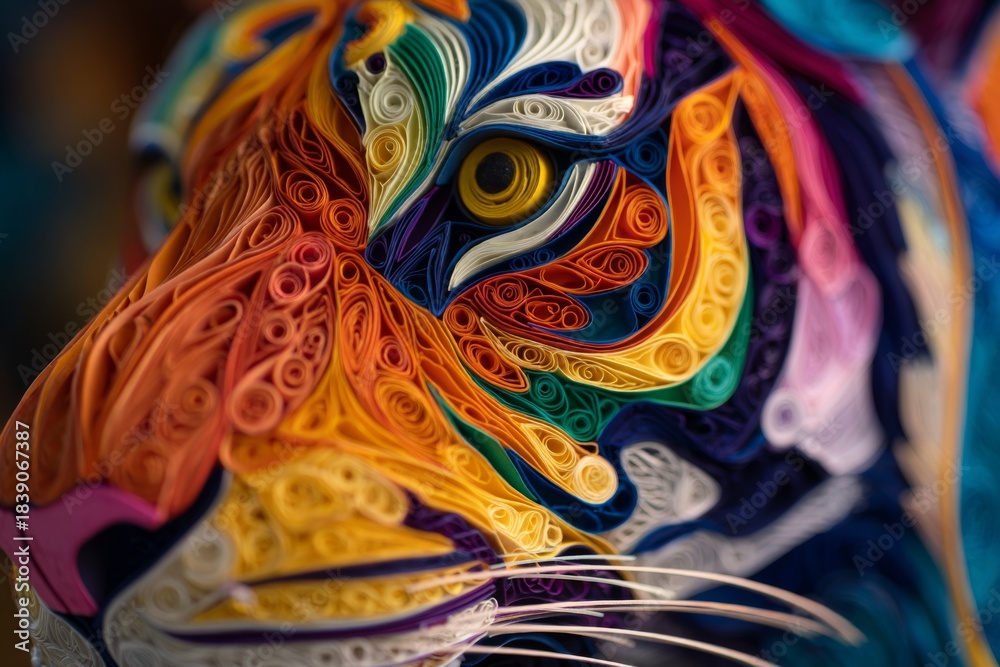Naklejka premium Colorful Quilling Art of a Tiger with Intricate Details and Vibrant Swirls for Wildlife and Art Enthusiasts