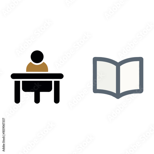 Student at desk with open book icon symbolizing learning, education, reading, study, academic focus, knowledge, classroom, and intellectual growth