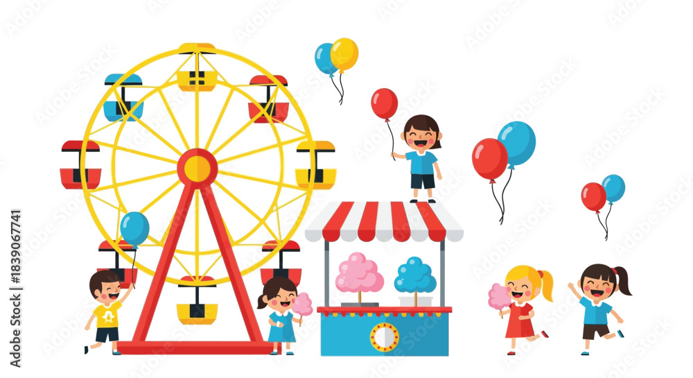 Fototapeta premium Children enjoying a fun day at the amusement park with Ferris wheel and cotton candy.