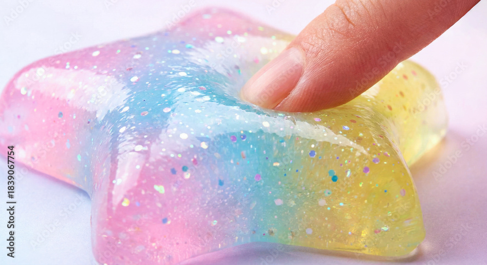 Fototapeta premium Macro view of a pastel gradient star shaped sensory toy with glitter. A finger presses into its soft, jelly like texture, highlighting its squishy, elastic feel and calming tactile appeal.