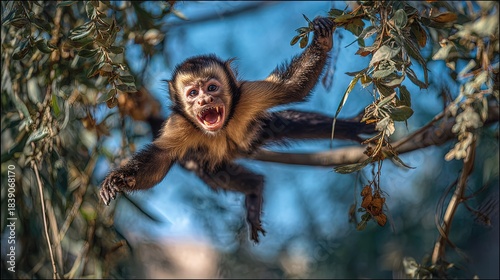 A mischievous capuchin monkey swinging acrobatically between branches grinning widely exotic pet