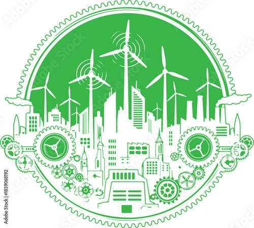 Green energy city illustration depicting sustainable urban development and industrial progress with wind turbines and gears