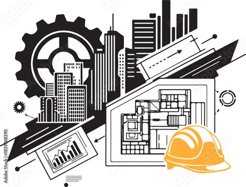 Modern construction and engineering concept with urban skyline blueprint and safety helmet symbolizing industry development data