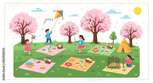 Children enjoying a picnic and flying a kite in a beautiful park with cherry blossom trees.