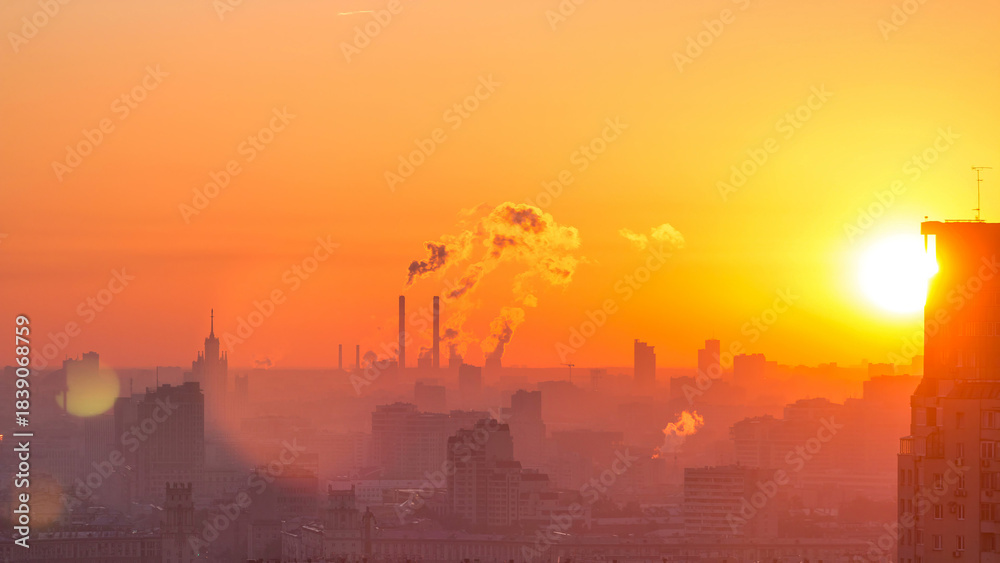 Naklejka premium Residential buildings, Stalin skyscrapers and panorama of city at sunrise timelapse in Moscow, Russia