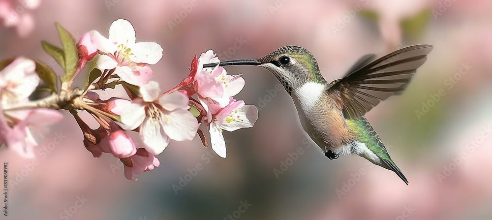 Obraz premium Close-Up of a Beautiful Hummingbird Sipping Nectar in a Vibrant Spring Blossom Wonderland Scene