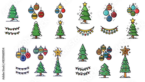 Christmas Tree Element Icon Set – Pine Tree, Ornaments, Garland, Stand, Star Topper