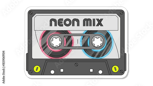 Retro audio cassette tape with 'NEON MIX' label and vibrant pink and blue reels, evoking 80s and 90s music nostalgia on a white background.