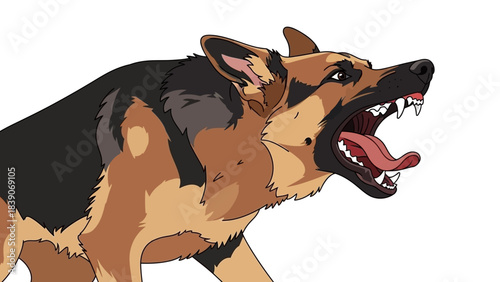 A German Shepherd dog with bared teeth and open mouth, aggressively barking or growling.