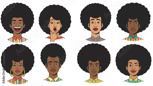 Set of diverse cartoon portraits of people with afro hairstyles showing various emotions and expressions.