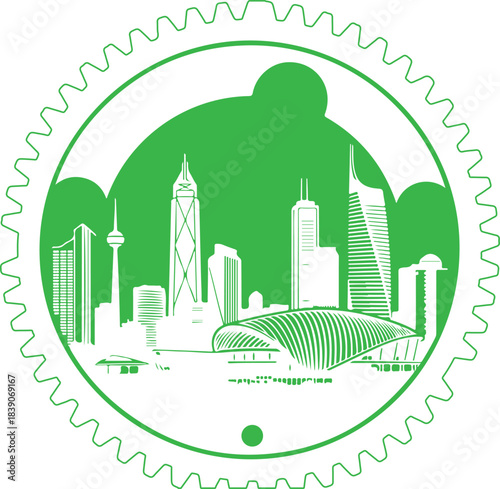 Stylized green and white urban city skyline vector illustration with futuristic buildings and a prominent stadium inside a gear emblem