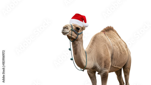 Festive Camel Wearing Red Santa Hat and Blue Christmas String Lights isolated PNG with Transparent Background