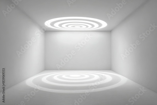Wide-angle view of a clean, minimalist room with a single, bold, simple glowing abstract shape (e.g., a perfect spiral) floating in the center, simplicity, clarity, high