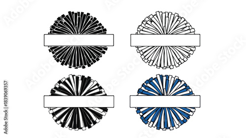 Set of four circular graphic design elements with radiating lines and blank labels on white background.