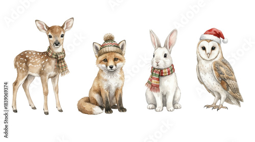 Four cute woodland animals including a fawn, fox, rabbit, and owl wearing festive winter hats and scarves in a charming hand-painted watercolor illustration style