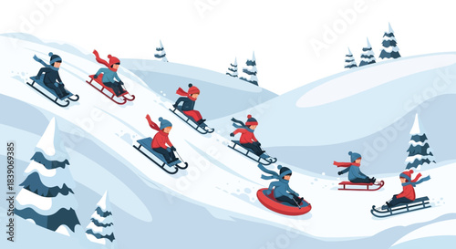 Children Enjoying Winter Fun Sledding Down Snowy Hillside Together.