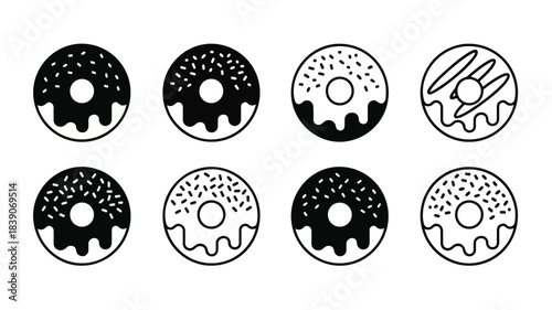 Graphic illustration of eight donuts with various toppings arranged in two rows on a white background.