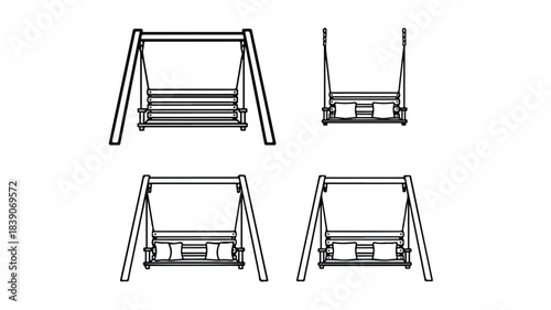 Technical drawings of a metal A-frame swing set in four different views on a white background.