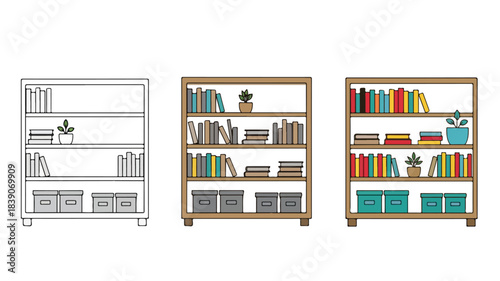 Illustration of three wooden bookcases with various books and decorative items on a white background with a graphic and minimalist style.