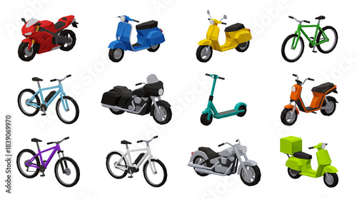 Diverse set of low poly two-wheeled vehicles featuring various motorcycles, scooters, bicycles, and an electric kick scooter in a colorful isometric 3D rendered collection