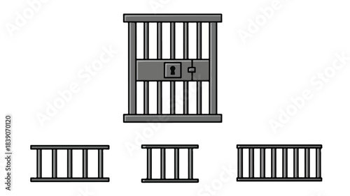 Gray metal gate and fence sections on white background, varying sizes, simple design.