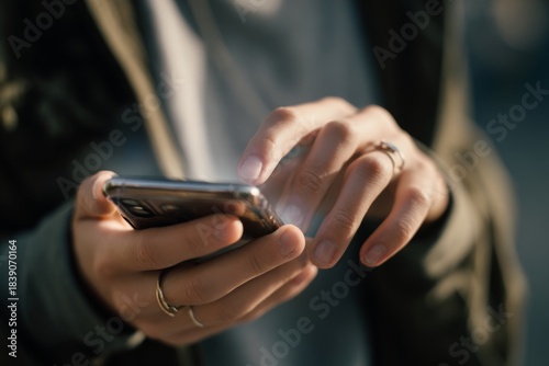 person using smartphone with fingers tapping on screen, showcasing modern technology and communication in daily life