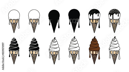 Collection of twelve illustrated ice cream cones with various toppings and flavors against a clean white background.