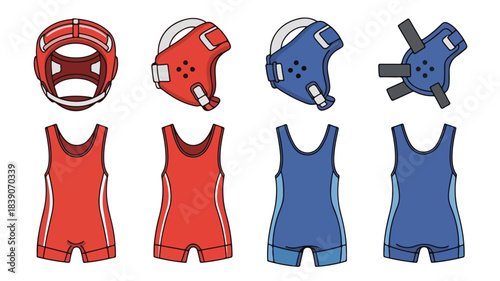 Colorful wrestling headgear and singlet uniforms arranged on a white background for sports equipment display.
