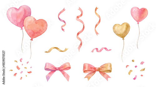 Watercolor set of festive party elements including pink and gold heart balloons, ribbons, bows, and confetti for a romantic celebration or holiday design