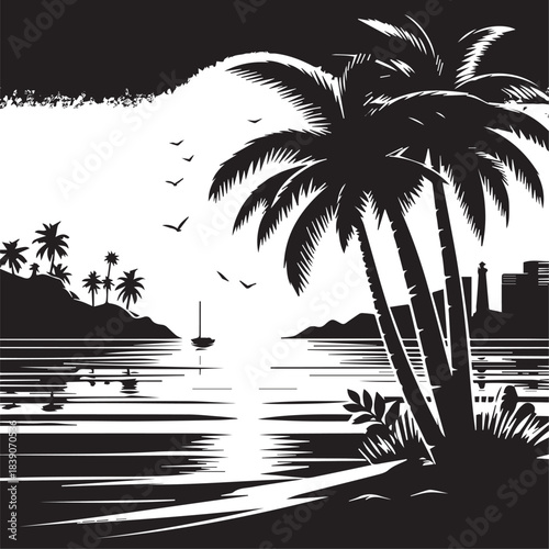 palm, tree, beach, summer, sea, island, vector, tropical, illustration, sun, nature, travel,