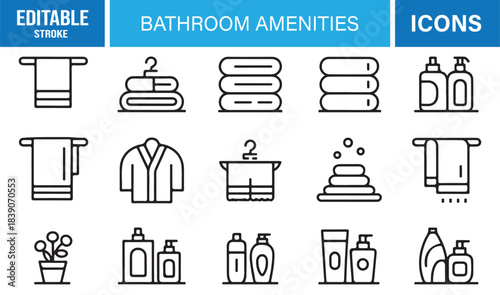 Modern Outline Bathroom Icon Pack Showing Towels, Dispensers, Shampoo Bottles, Hygiene Items, Spa Accessories, and Washroom Elements