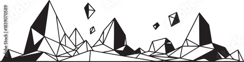 Abstract geometric mountain landscape with floating cubes