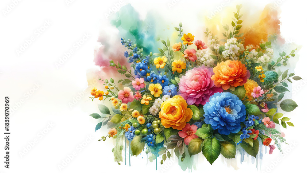 Obraz premium Flowers, bouquet, green leaves, the background has a soft, abstract wash of colors, watercolor painting, orange, yellow, blue, green highlights, green leaves, yellow highlights. Greeting card