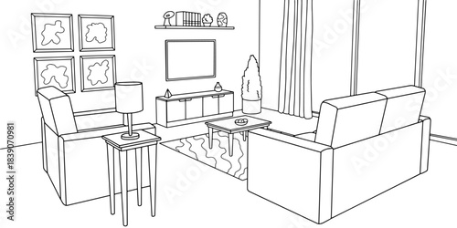 Living room graphic black white home interior sketch illustration vector 