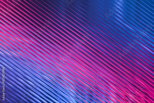 Close-up of diagonal metallic ridges illuminated with vibrant pink and blue neon light, abstract pattern