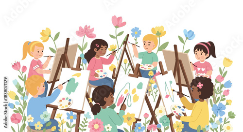 Children painting at easels in a colorful art class surrounded by flowers and nature.
