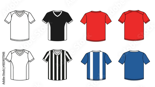 Collection of various sports t-shirt templates and jersey designs in different colors and patterns, showing front and back views.