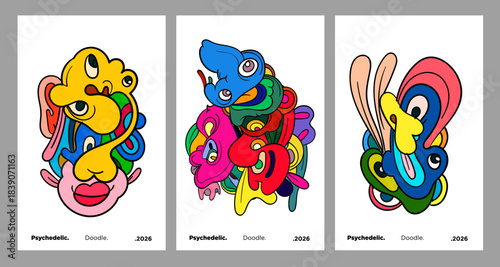 Abstract colorful doodle art design, psychedelic cartoon, pattern seamless background texture vector