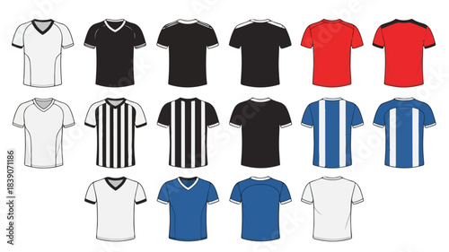 Collection of various short-sleeved t-shirt and jersey templates in different colors and patterns, suitable for sports apparel design.