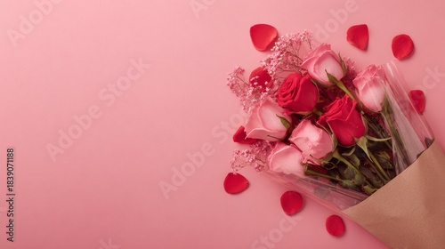 A stunning bouquet of roses with scattered petals, perfect for expressing love and affection