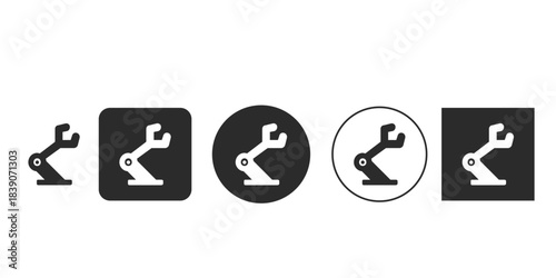 Industrial robotic arm icon set for automation technology designs | Minimalist silhouette of mechanical assembly line robot hand | Modern flat design factory automation symbols | Black and white 