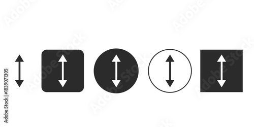 Vertical up and down arrow icon set for UI design | Dimension measurement symbol or height resize vector graphic | Five variations of black and white scroll or extent arrows 