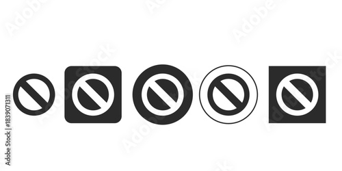 Set of five prohibition sign icons in black and white vector | Different styles of stop and forbidden symbols for user interface design | Universal 'No Entry' or restricted access warning vector graph
